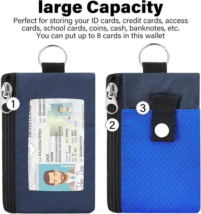 ZHOMA Minimalist Small Wallet for Men Women with 2 Zip Pockets, Multi Functional ID Case with Keychain and Card Holder, Coin Purse Badge Lanyard Pouch for Boys Girls Travel -Blue+DarkBlue - Image 2